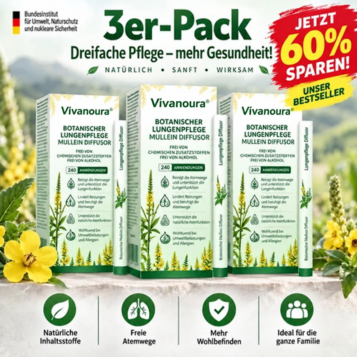✨ LETZTER TAG: 80 % RABATT 🌿 Vivanoura® Botanischer Königskerzen-Diffusor – LungCare für den Alltag ✨
