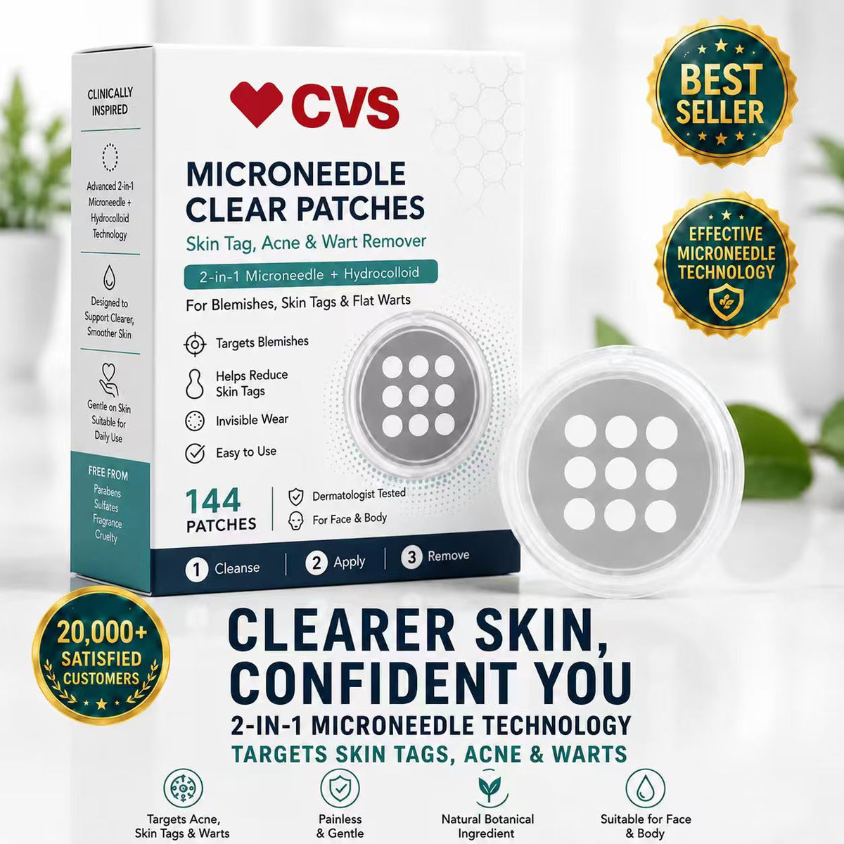 🔥 CVS®2-in-1 Microneedle & Hydrocolloid Patch🔥| Removes Raised Moles, Acne, Flat Warts & Skin Tags | Helps Improve Wrinkles, Scars & Blemishes | Invisible Patches for Face & Body