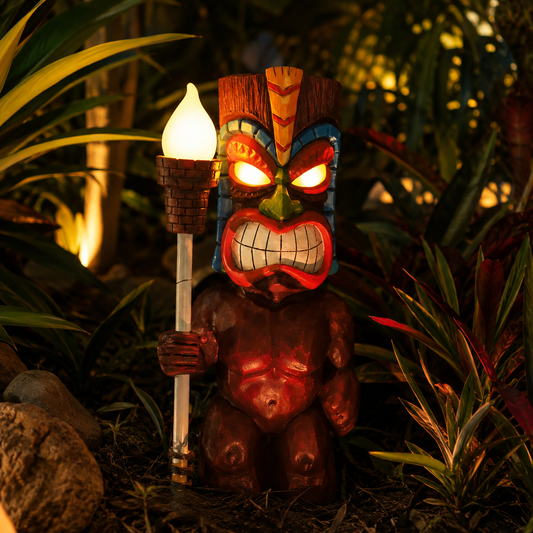 Solar-Powered Tiki Warrior Garden Statue