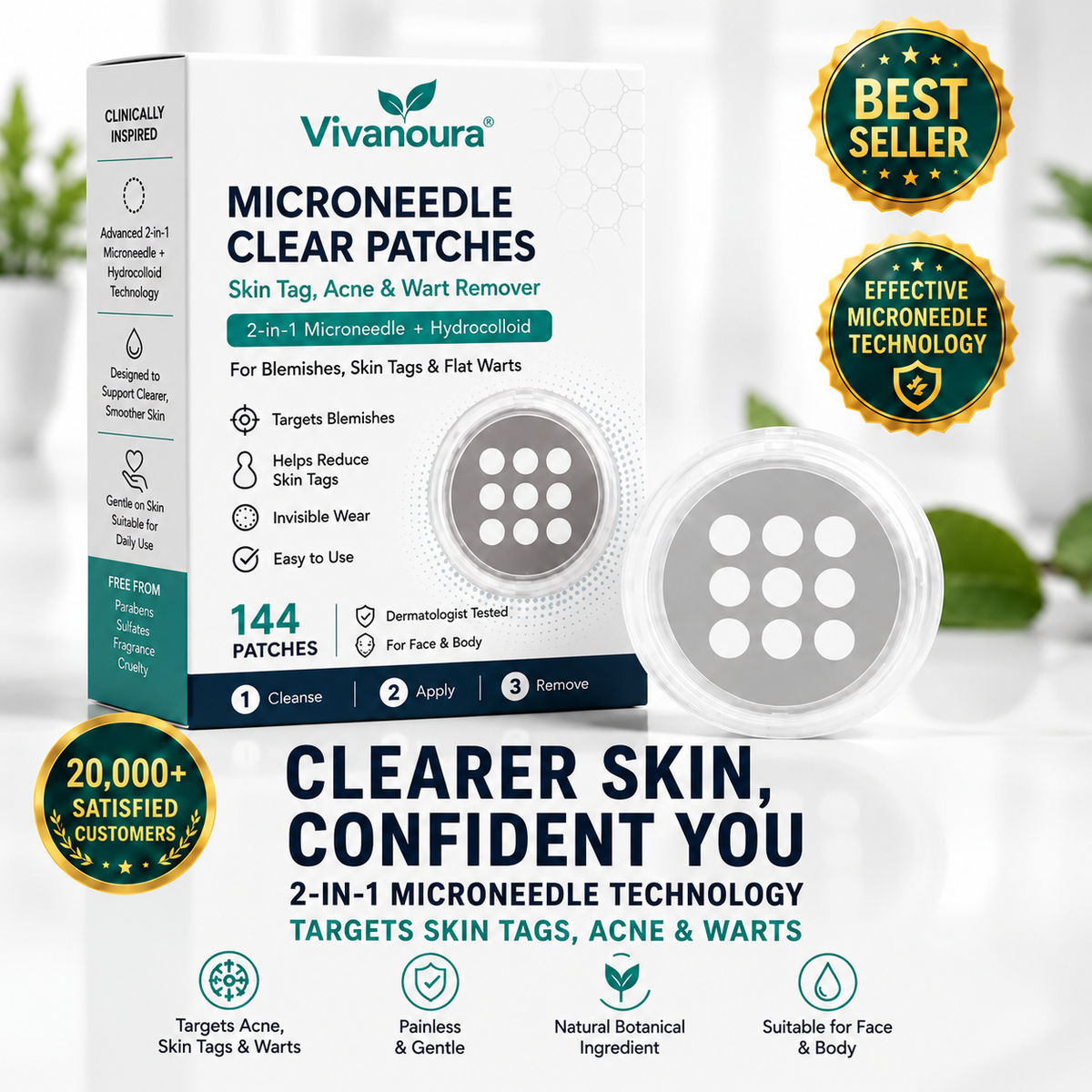 🔥Vivanoura®2-in-1 Microneedle & Hydrocolloid Patch🔥| Removes Raised Moles, Acne, Flat Warts & Skin Tags | Helps Improve Wrinkles, Scars & Blemishes | Invisible Patches for Face & Body