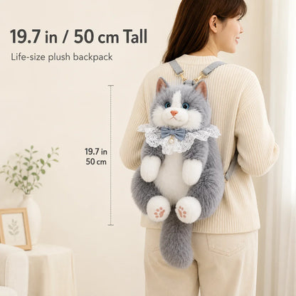 Model wearing the 19.7 inch plush cat backpack
