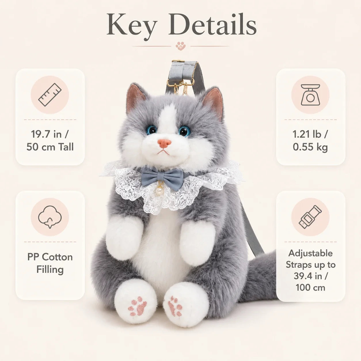 Meowing plush cat backpack size weight filling and strap details