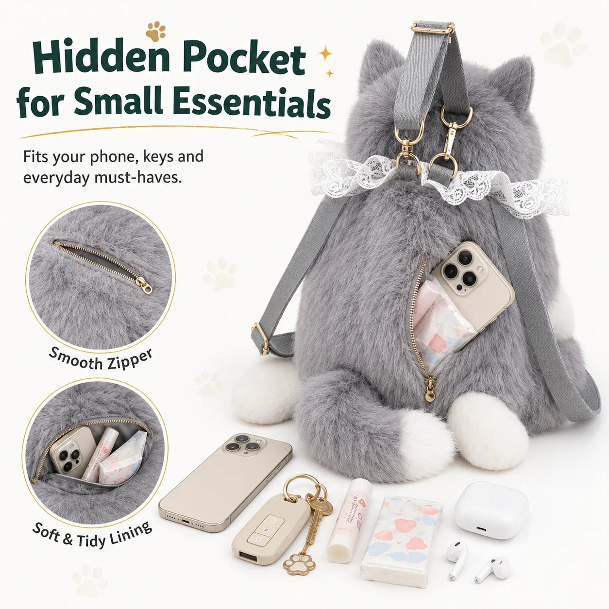 Hidden zippered pocket for small everyday essentials