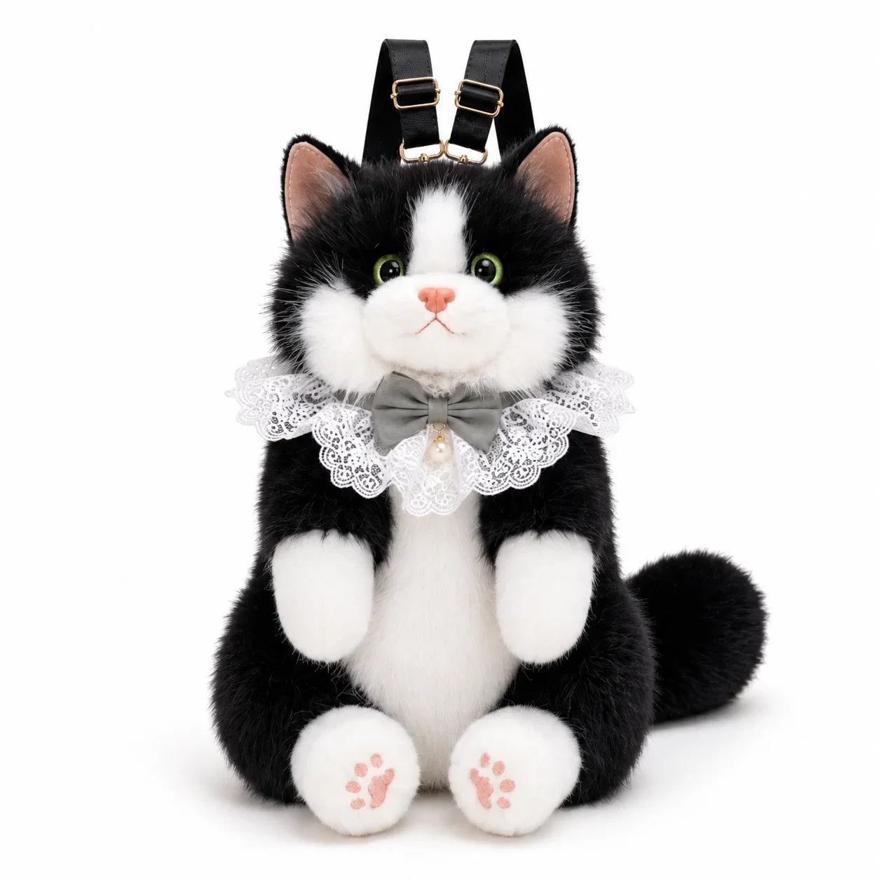 Black and white meowing plush cat backpack