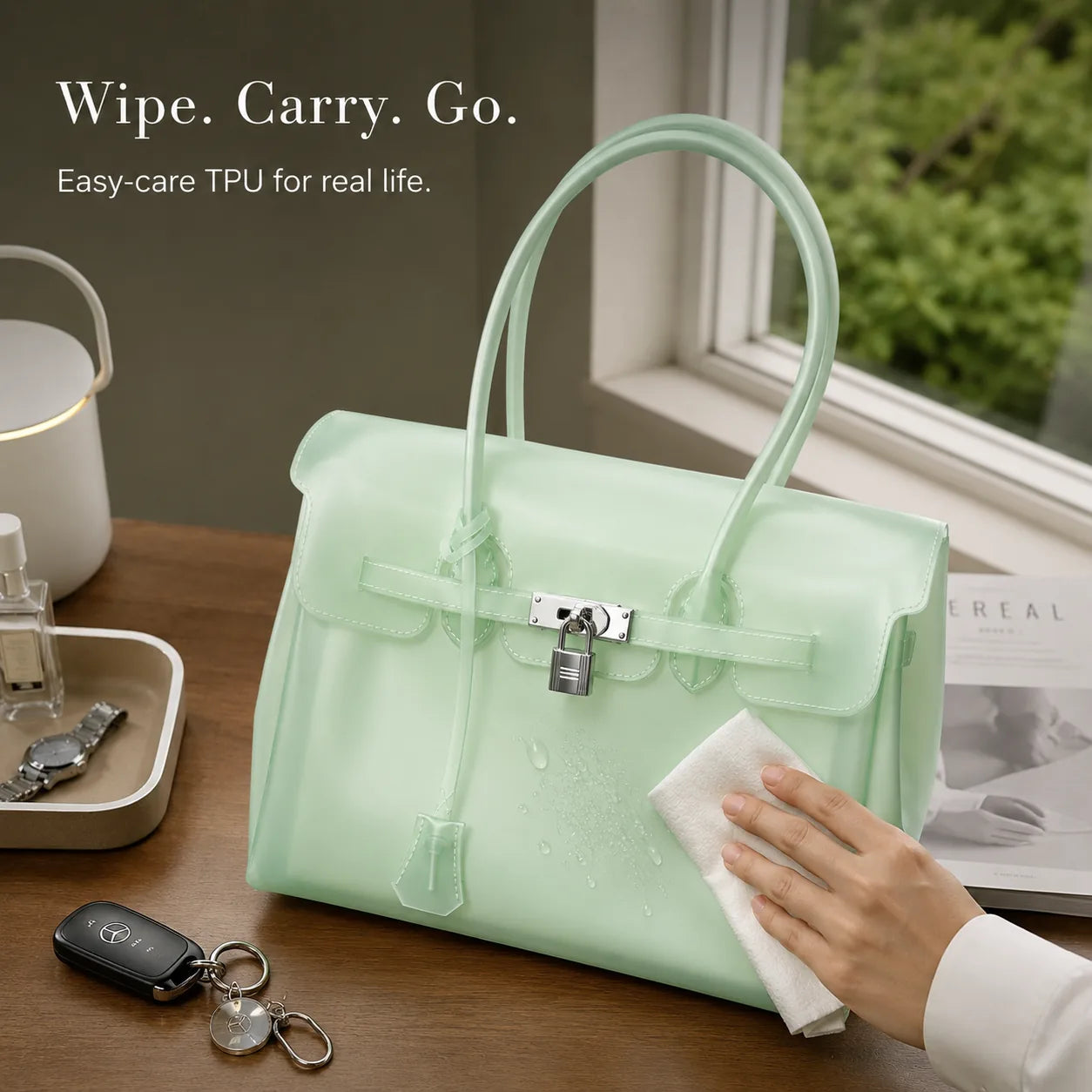 Mint Jelly Tote wipe-clean demonstration