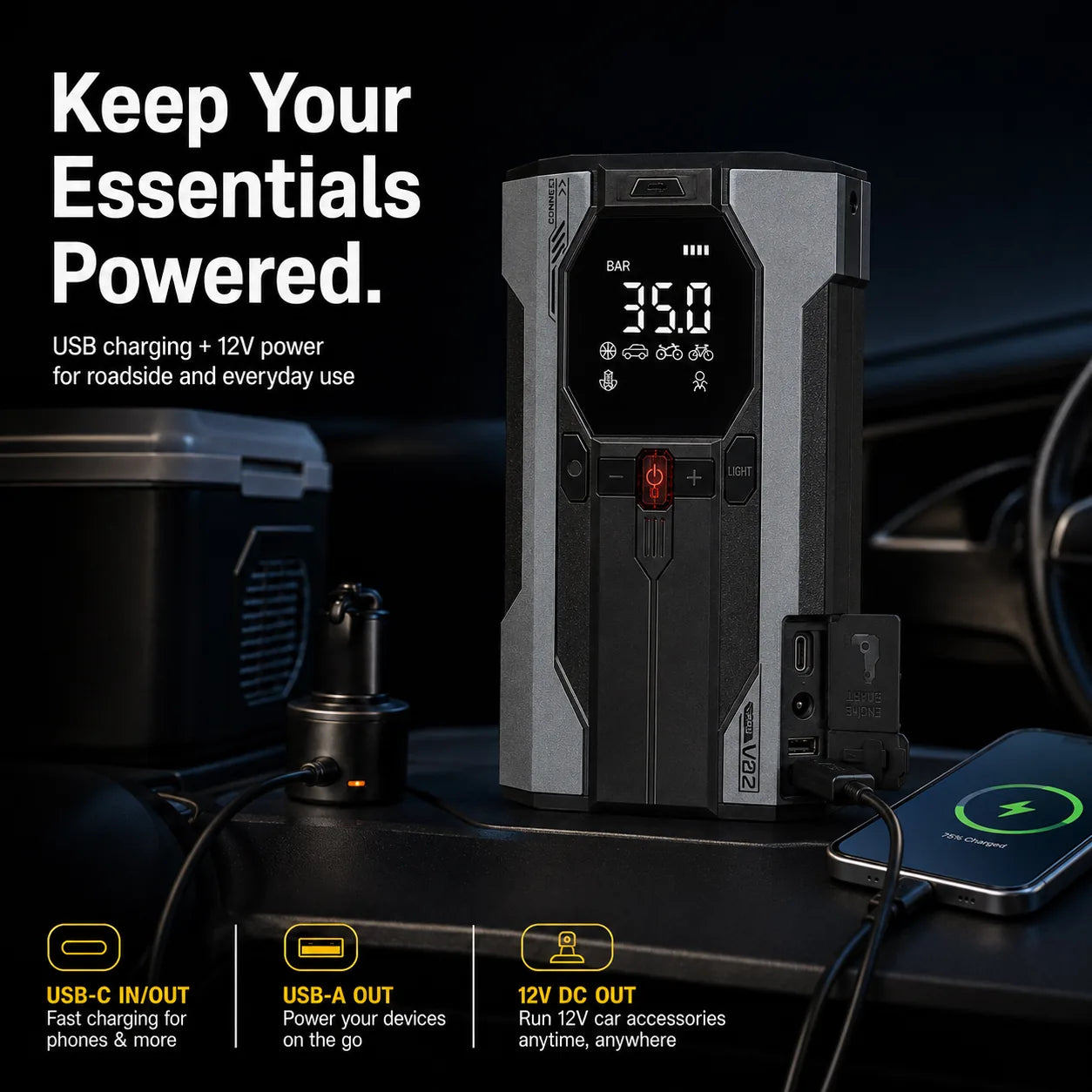 Vivanoura V02 Max USB and 12V emergency power